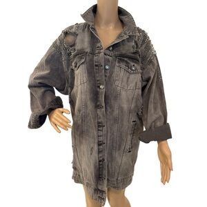 Doshe Luxe oversized, distressed black denim jacket with embellishments.